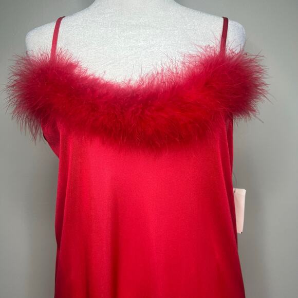 Vintage Red Lingerie Long Nightgown Feather Trim Size Small Side Slit Sexy USA - Picture 2 of 11